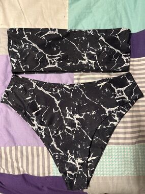 Black Marble Print Bandeau Bikini Set